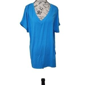 Zenana Camille Deep Sky Blue Cuffed Sleeve V-Neck Top Size L NWOT